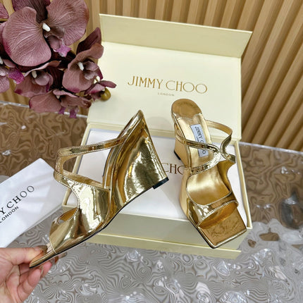 JIMMY CHOO 26S WEDGE SANDALS 105 MM IN GOLD METALLIC CALFSKIN