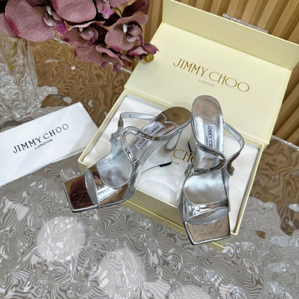 JIMMY CHOO 26S WEDGE SANDALS 105 MM IN SILVER METALLIC CALFSKIN