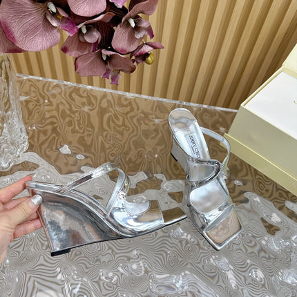 JIMMY CHOO 26S WEDGE SANDALS 105 MM IN SILVER METALLIC CALFSKIN