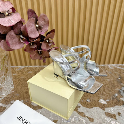 JIMMY CHOO 26S WEDGE SANDALS 105 MM IN SILVER METALLIC CALFSKIN