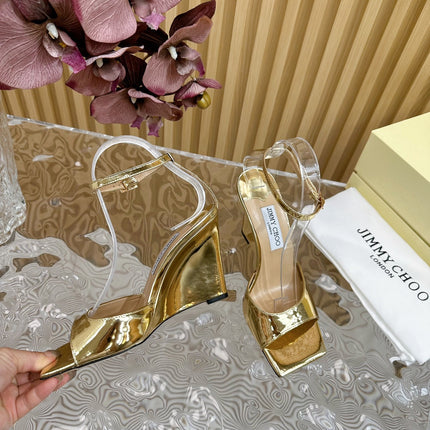 JIMMY CHOO 26S SQUARE-TOE WEDGE SANDALS 105 MM IN GOLD METALLIC CALFSKIN