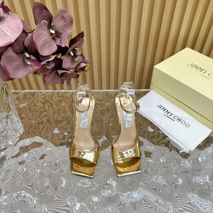 JIMMY CHOO 26S SQUARE-TOE WEDGE SANDALS 105 MM IN GOLD METALLIC CALFSKIN