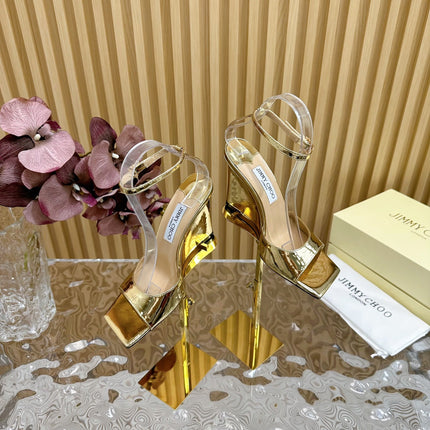 JIMMY CHOO 26S SQUARE-TOE WEDGE SANDALS 105 MM IN GOLD METALLIC CALFSKIN