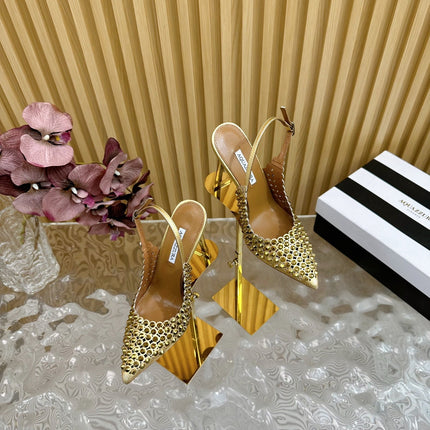 AQUAZZURA 26S SLINGBACK PUMPS 105 MM IN GOLD CALFSKIN WITH CRYSTAL