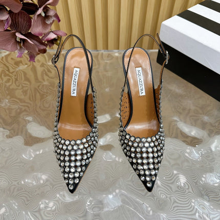 AQUAZZURA 26S SLINGBACK PUMPS 85 MM IN BLACK CALFSKIN WITH CRYSTAL