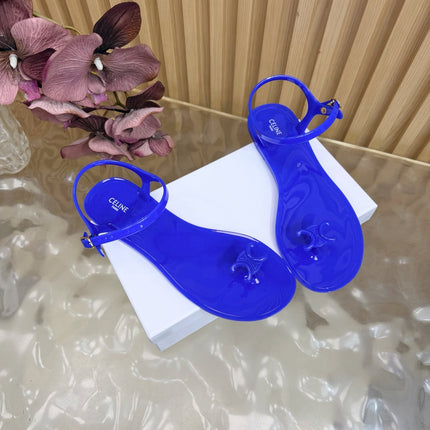 CELINE 26S TRIOMPHE JELLY THONG SANDALS IN DARK BLUE TPU GOLD HARDWARE