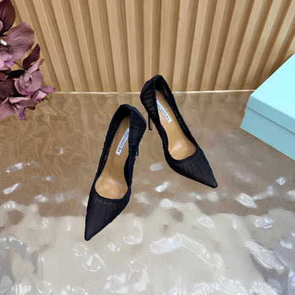 AQUAZZURA 26S OPTIC PUMPS 100 MM IN BLACK PLEATED MESH & SATIN