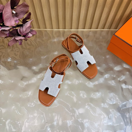 HM 26S SANTORINI SANDALS IN BROWN CALFSKIN AND BEIGE CANVAS