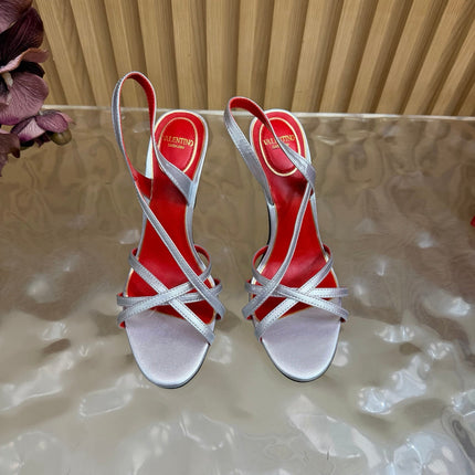 VALENTINO 26S STRAPPER HEEL SANDALS 100 MM IN SILVER CALFSKIN