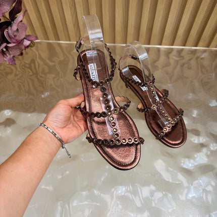 AQUAZZURA 26S FLAT SANDALS IN DARK BRONZE CALFSKIN CRYSTAL EMBELLISHED