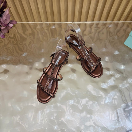 AQUAZZURA 26S FLAT SANDALS IN DARK BRONZE CALFSKIN CRYSTAL EMBELLISHED