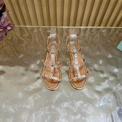 AQUAZZURA 26S FLAT SANDALS IN ROSE GOLD CALFSKIN CRYSTAL EMBELLISHED