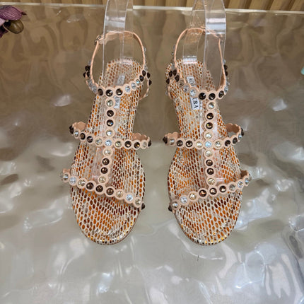 AQUAZZURA 26S FLAT SANDALS IN BEIGE SNAKESKIN CRYSTAL EMBELLISHED
