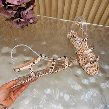 AQUAZZURA 26S FLAT SANDALS IN BEIGE SNAKESKIN CRYSTAL EMBELLISHED