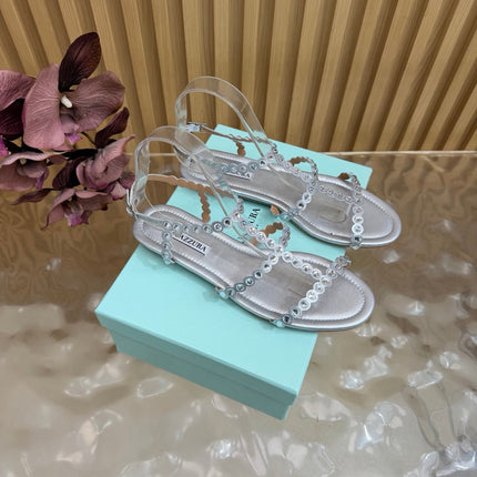 AQUAZZURA 26S FLAT SANDALS IN SILVER CALFKSIN CRYSTAL EMBELLISHED