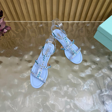 AQUAZZURA 26S FLAT SANDALS IN LIGHT BLUE CALFKSIN CRYSTAL EMBELLISHED