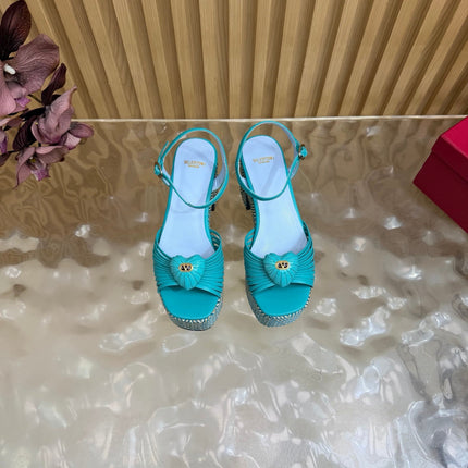 VALENTINO 26S PLATFORM SANDALS 90 MM IN LIGHT BLUE CALFSKIN BEIGE WOVEN FABRIC
