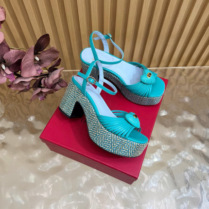 VALENTINO 26S PLATFORM SANDALS 90 MM IN LIGHT BLUE CALFSKIN BEIGE WOVEN FABRIC