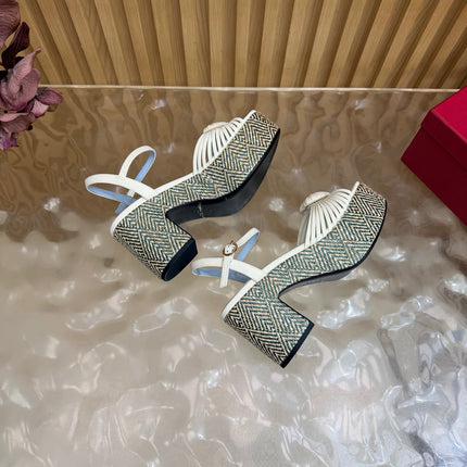 VALENTINO 26S PLATFORM SANDALS 90 MM IN WHITE CALFSKIN BEIGE WOVEN FABRIC