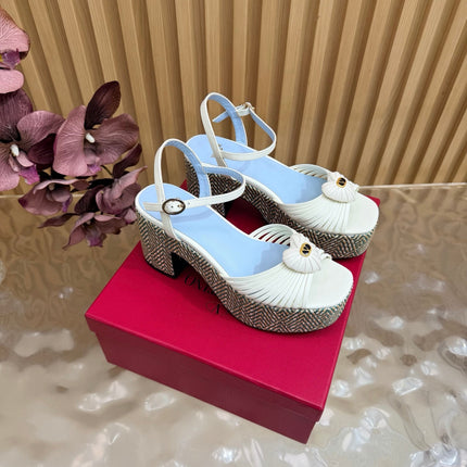 VALENTINO 26S PLATFORM SANDALS 90 MM IN WHITE CALFSKIN BEIGE WOVEN FABRIC