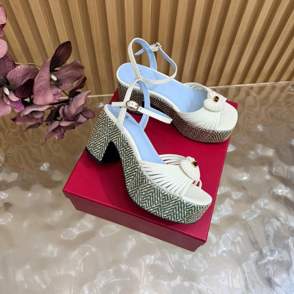 VALENTINO 26S PLATFORM SANDALS 90 MM IN WHITE CALFSKIN BEIGE WOVEN FABRIC