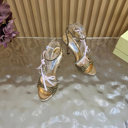 JIMMY CHOO 26S HEEL SANDALS 85 MM IN GOLD LEATHER WITH CRYSTAL EMBELLISHMENTS