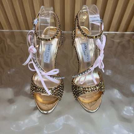 JIMMY CHOO 26S HEEL SANDALS 85 MM IN GOLD LEATHER WITH CRYSTAL EMBELLISHMENTS