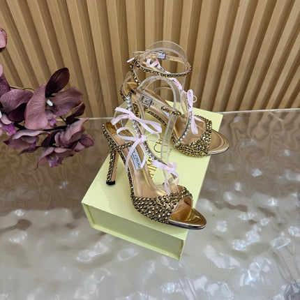JIMMY CHOO 26S HEEL SANDALS 85 MM IN GOLD LEATHER WITH CRYSTAL EMBELLISHMENTS