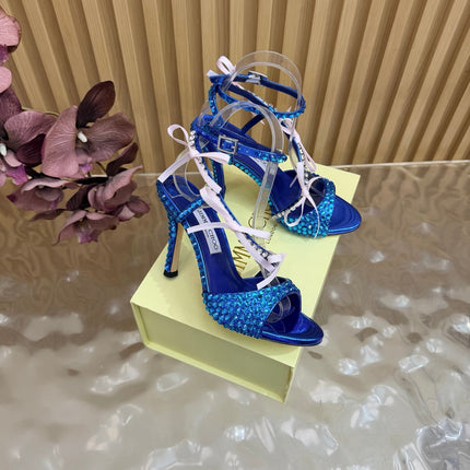 JIMMY CHOO 26S HEEL SANDALS 85 MM IN NAVY BLUE LEATHER WITH CRYSTAL EMBELLISHMENTS