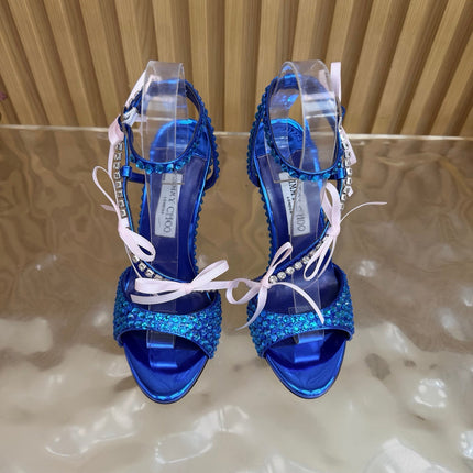 JIMMY CHOO 26S HEEL SANDALS 85 MM IN NAVY BLUE LEATHER WITH CRYSTAL EMBELLISHMENTS