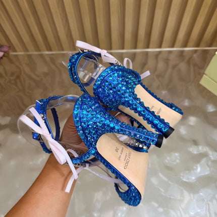 JIMMY CHOO 26S HEEL SANDALS 85 MM IN NAVY BLUE LEATHER WITH CRYSTAL EMBELLISHMENTS