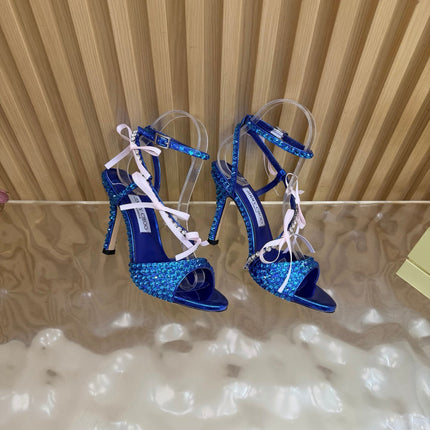 JIMMY CHOO 26S HEEL SANDALS 85 MM IN NAVY BLUE LEATHER WITH CRYSTAL EMBELLISHMENTS