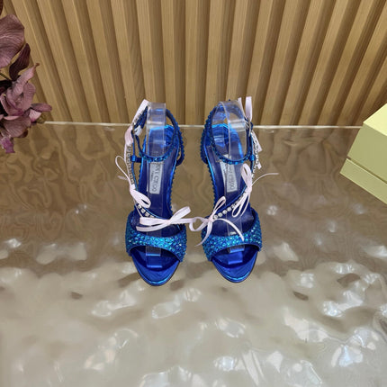 JIMMY CHOO 26S HEEL SANDALS 85 MM IN NAVY BLUE LEATHER WITH CRYSTAL EMBELLISHMENTS
