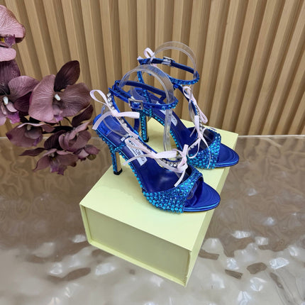 JIMMY CHOO 26S HEEL SANDALS 85 MM IN NAVY BLUE LEATHER WITH CRYSTAL EMBELLISHMENTS