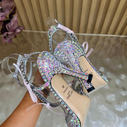 JIMMY CHOO 26S HEEL SANDALS 85 MM IN SILVER LEATHER WITH CRYSTAL EMBELLISHMENTS