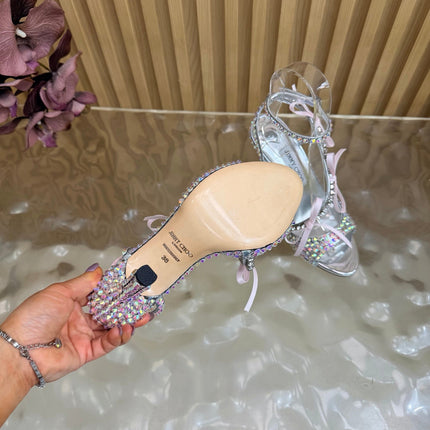 JIMMY CHOO 26S HEEL SANDALS 85 MM IN SILVER LEATHER WITH CRYSTAL EMBELLISHMENTS
