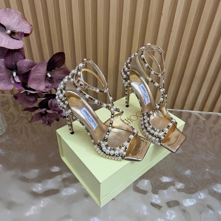 JIMMY CHOO 26S HEEL SANDALS 105 MM IN METALLIC GOLD LEATHER AND WHITE PEARLS