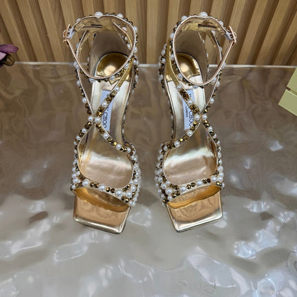 JIMMY CHOO 26S HEEL SANDALS 105 MM IN METALLIC GOLD LEATHER AND WHITE PEARLS