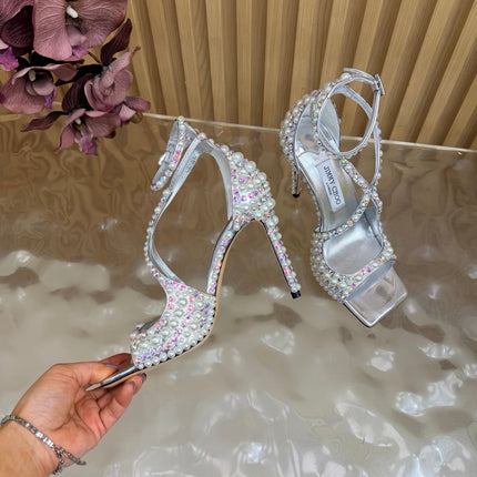 JIMMY CHOO 26S HEEL SANDALS 105 MM IN SILVER LEATHER AND WHITE PEARLS
