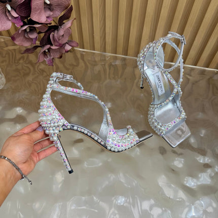 JIMMY CHOO 26S HEEL SANDALS 105 MM IN SILVER LEATHER AND WHITE PEARLS