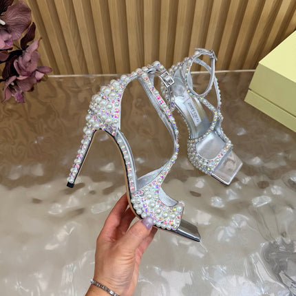 JIMMY CHOO 26S HEEL SANDALS 105 MM IN SILVER LEATHER AND WHITE PEARLS