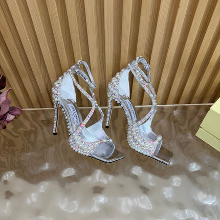 JIMMY CHOO 26S HEEL SANDALS 105 MM IN SILVER LEATHER AND WHITE PEARLS