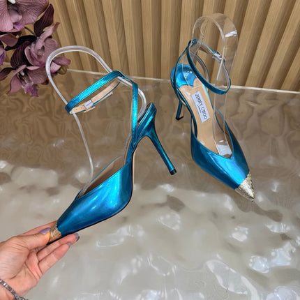 JIMMY CHOO 26S SLINGBACK HEELS 85 MM IN METALLIC BLUE CALFSKIN WITH METAL TOE CAP
