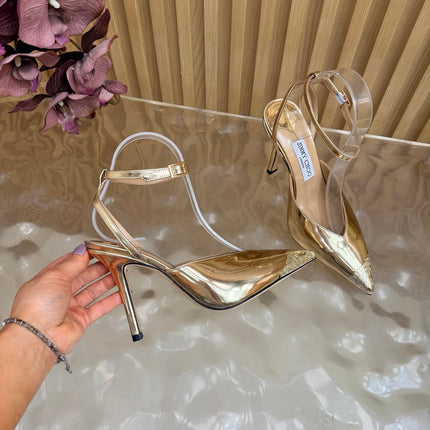 JIMMY CHOO 26S SLINGBACK HEELS 85 MM IN GOLD CALFSKIN WITH METAL TOE CAP
