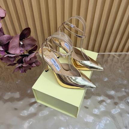JIMMY CHOO 26S SLINGBACK HEELS 85 MM IN GOLD CALFSKIN WITH METAL TOE CAP
