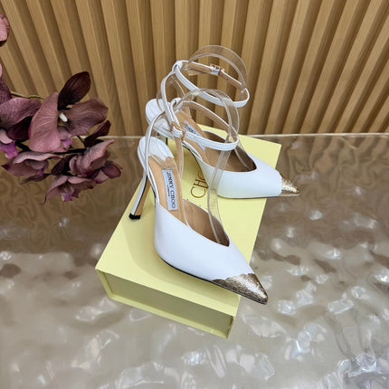 JIMMY CHOO 26S SLINGBACK HEELS 85 MM IN WHITE CALFSKIN WITH METAL TOE CAP