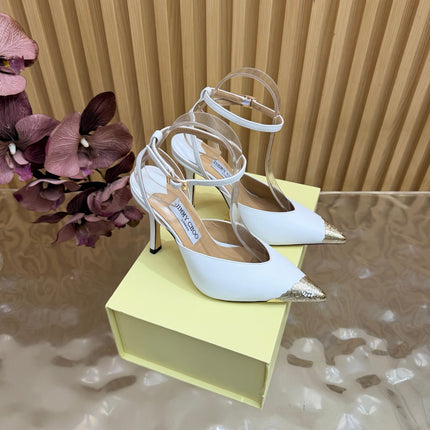 JIMMY CHOO 26S SLINGBACK HEELS 85 MM IN WHITE CALFSKIN WITH METAL TOE CAP