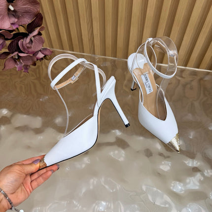 JIMMY CHOO 26S SLINGBACK HEELS 85 MM IN WHITE CALFSKIN WITH METAL TOE CAP