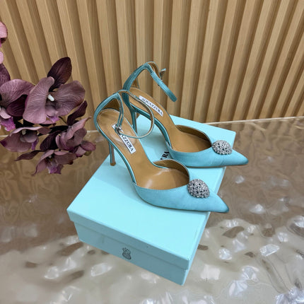 AQUAZZURA 26S POINTED-TOE HIGH HEELS 100 MM IN LIGHT BLUE SATIN