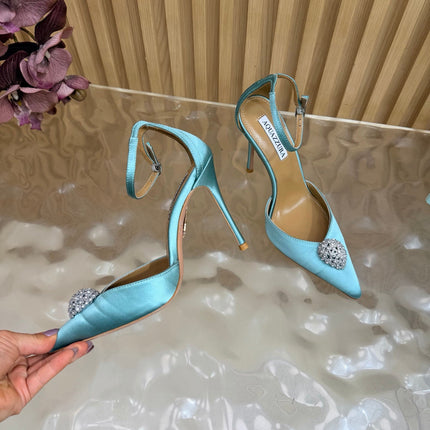 AQUAZZURA 26S POINTED-TOE HIGH HEELS 100 MM IN LIGHT BLUE SATIN